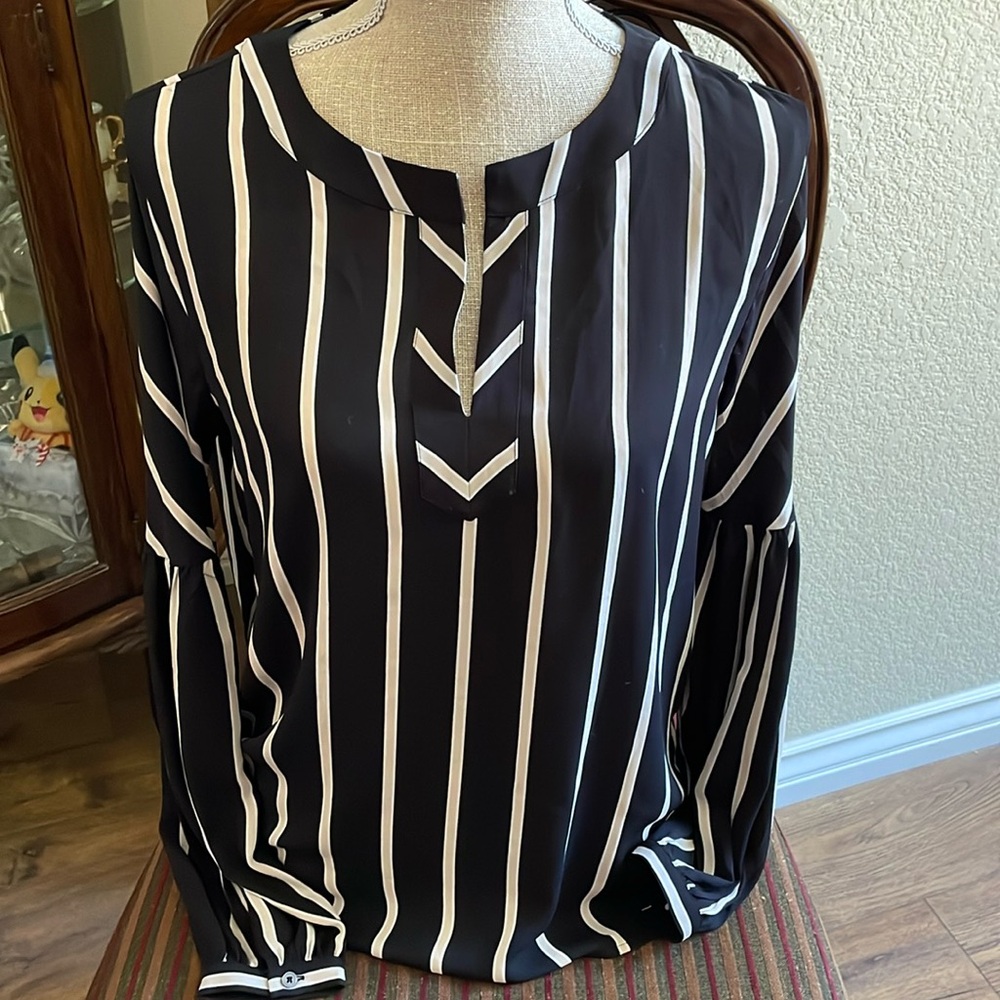 LOFT Size S black striped siphon split neck tunic top long sleeve elegant